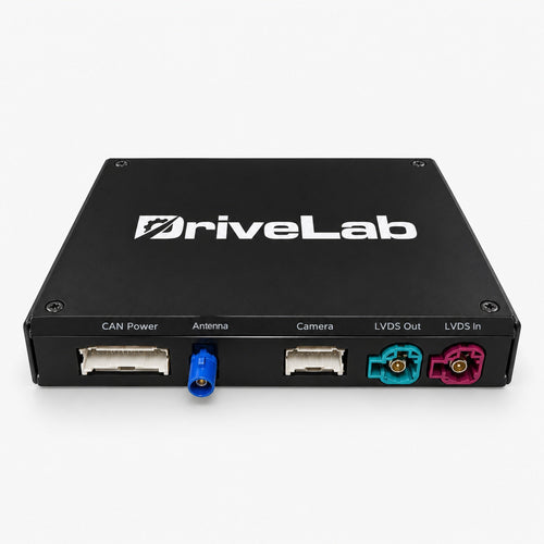 CarPlay & Android Auto module voor MINI NBT met DriveLab-logo en zichtbare aansluitingen