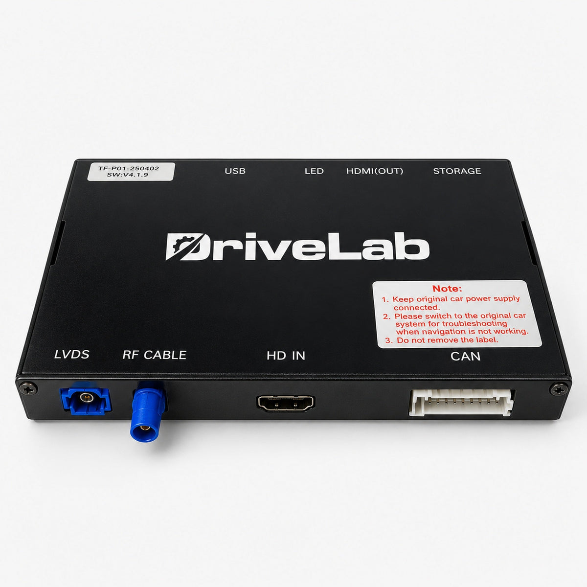 CarPlay & Android Auto module voor Porsche PCM 3.1 met DriveLab-logo en zichtbare aansluitingen